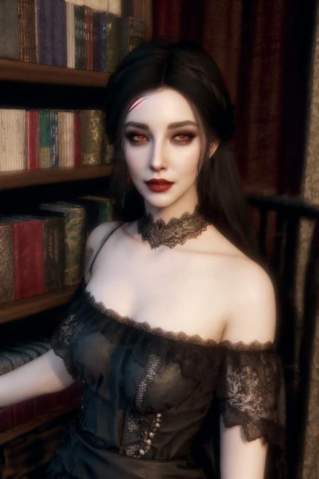 <lora:Serana_Reimagined:0.8> , Serana Reimagined, masterpiece, best quality, 1girl, solo, black hair, dress, red eyes, black dress, bare shoulders, makeup, realistic, long hair, looking at viewer, book, lace, bookshelf, lips, lace-trimmed dress, lipstick, off-shoulder dress, vampire, pale skin