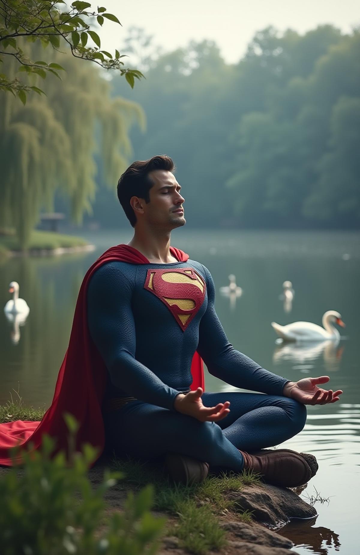 Superman is meditating with his eyes closed by a peaceful lake with cool air and lots of trees. In the lake there are a few swans swimming.