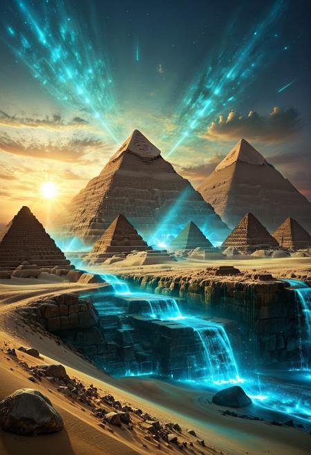 (by Ellen Jewett:1.5), (Bioluminescent Impressionism, Egyptian landscape, The Dreamland, Egyptian desert, sand, rock, great pyramids, fine pyramids, smooth pyramids, techno pyramids with great beams of light shooting up into the sky,  sky sunset, sunrise ,waterfall, ethereal landscapes, depth of field, biotech emotion:1.3)