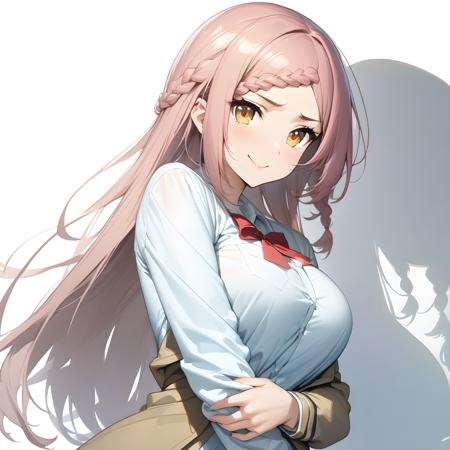 yoshida_kochou braid, long hair, large breasts, pink hair, smile, jacket, school uniform, shirt, white shirt, yellow eyes