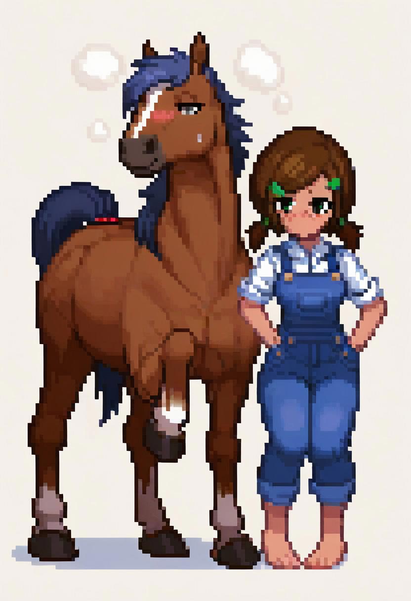 score_9, duo, 1girl and 1horse,human girl and huge feral horse,mom,tall,standing, small breasts,low pigtails, hairclip,(messy hair:0.7), freckles,tanned, green eyes, overalls,confident,trembling, deep blush, looking at you, exhausted,smug,deep blush, sweat, steam, full body, pixel art, 2d, full portrait, simple background, white background