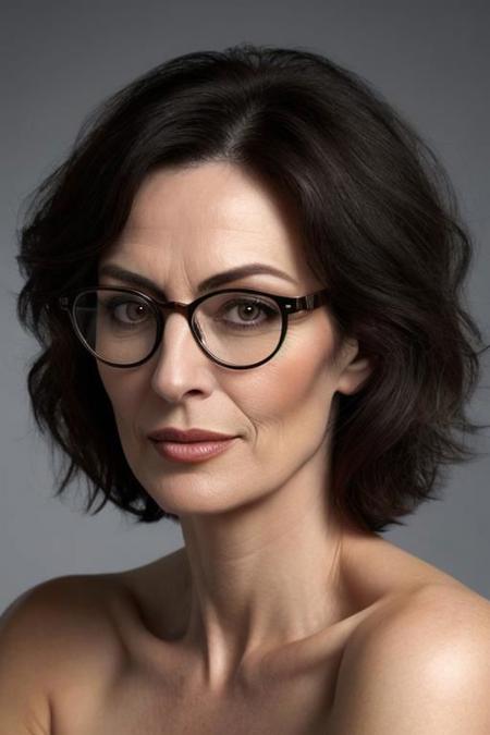 a portrait of a 50-year-old woman with captivating round glasses, short dark hair, a sensual mouth, a graceful neck, and a distinctive, slightly arched nose. The glasses frame her expressive eyes, hinting at a wealth of experiences. The short, dark hair complements her confident demeanor, and the subtle curve of her nose adds character