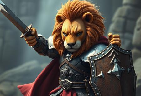 a lion warrior in templar armor wielding a sword in each hand, shield strapped to back, cute, scene from a fantasy movie