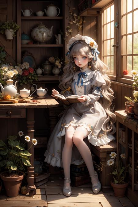 HDR,UHD,8K, best quality, masterpiece, Highly detailed, Studio lighting, physically-based rendering, 1girl, solo, BJD doll, (lace stocking),lolita fashion, lolita hairband, hair bow, reading book, pearl bracelet, jewelry, lace trimchinese garden, plants, stones, wooden windows, wooden door, long hair, bangs, flower, dress, (Enamel:1.2), tea cups, tea kettle, solo, puffy sleeves, blunt bangs, lace, blue eyes, ribbon, lace trim, white flower, bow, hair ornament, frills, hair flower, wavy hair, lips, (grey hair:1.2), closed mouth, jewelry, eyelashes, emerald dress, bonnet, flowers, curly hair, animal, hat, daisy, leaf, brown hair, chin strap, gem, puffy short sleeves, long sleeves, neck ribbon,<lora:BJD_20230725223240-000010:0.6>, <lora:XSArchi_113:0.6>,<lora:Clothing -:0.4>,
Negative prompt: nsfw,ng_deepnegative_v1_75t,(worst quality:2),(low quality:2),(normal quality:2),lowres,bad anatomy,bad hands,normal quality,((monochrome)),((grayscale)) watermark,
Steps: 25, Sampler: DPM++ SDE Karras, CFG scale: 7, Seed: 3745107115, Size: 512x768, Model hash: e3edb8a26f, Model: TOP10_ghostmix_v20Bakedvae, Denoising strength: 0.4, Clip skip: 2, ADetailer model: face_yolov8n.pt, ADetailer confidence: 0.3, ADetailer dilate/erode: 4, ADetailer mask blur: 4, ADetailer denoising strength: 0.4, ADetailer inpaint only masked: True, ADetailer inpaint padding: 32, ADetailer version: 23.6.2, CFG Rescale phi: 0, ControlNet 0: "preprocessor: scribble_pidinet, model: control_v11p_sd15_scribble [d4ba51ff], weight: 0.5, starting/ending: (0, 1), resize mode: Crop and Resize, pixel perfect: True, control mode: Balanced, preprocessor params: (512, 64, 64)", Hires upscale: 2, Hires steps: 20, Hires upscaler: 4x-UltraSharp, Lora hashes: "BJD_20230725223240-000010: 8cb53e17f17f, XSArchi_113: 4e73c233ddf6, Clothing -: f038e3a5b67b", Version: v1.3.1