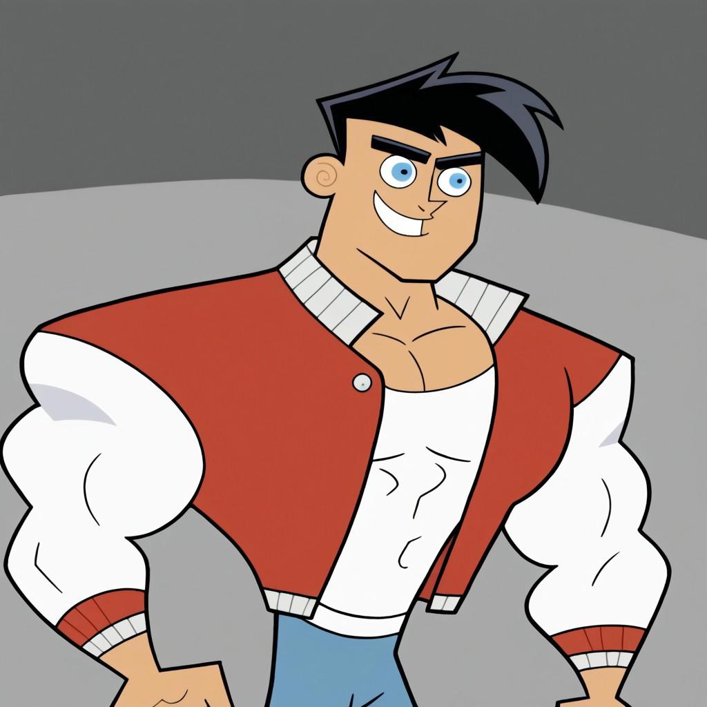 danny fenton,black hair,short hair,blue eyes,muscular, muscular male,confident smile,open red varsity jacket, white sleeves, shirtless,blue jeans