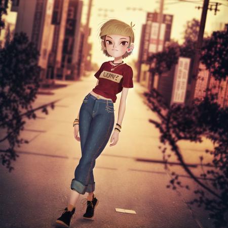 <lora:teoskaffa_2:1>, 

blurry, blurry background, blurry foreground, depth of field, photo \(medium\), photo background, jeans, denim, city, building, 1girl, motion blur, cosplay photo, street, skyscraper, outdoors, photo inset, pants, town, road, watch, stadium, necklace, hands on hips, hand on hip, bracelet, day, wristwatch, people, reference inset, jewelry, solo, choker, blonde hair, wristband, tokyo \(city\), short hair, casual, bokeh, lips, shirt, looking at viewer, t-shirt, blue pants