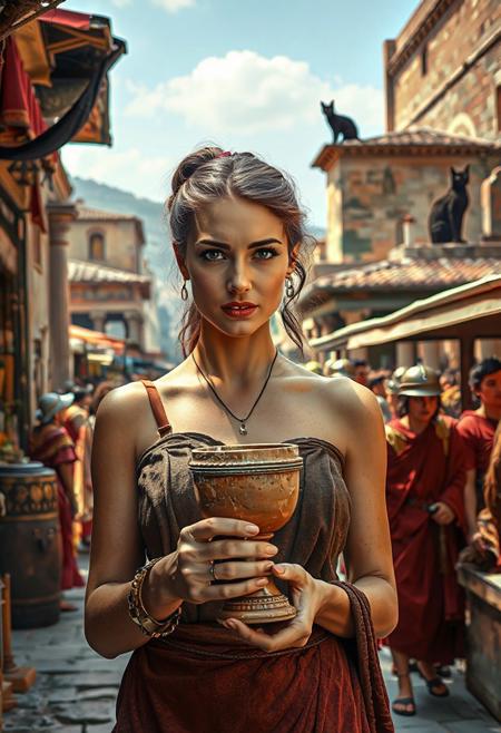 Setting is a 1st century Roman Empire market in Pompeii before Vesuvius destroyed it, the market is comprised of street vendors selling, food, weapons, and clothing. Everyone and everything in the image is appropriate for a scene from Ancient Rome, People wearing Roman clothing are walking through the street market shopping and eating, in the foreground is a merchant selling beverages and food at a market kiosk, (((a beautiful woman, 24 years old is standing in the foreground, the woman  facing the viewer with a clay goblet of wine in her hand. Her eyes are beautiful and focused on the viewer, she has an expression of interested curiosity))), Roman Soldiers are walking behind the beautiful woman, one of the solders turns to look at the beautiful woman, many people are walking by in the busy street market, the woman is dressed in high fashion Roman Empire clothing with an alluringly sexual, but traditional roman aesthetic. The woman's hair is elegantly tied up with a ribbon. Artistic ancient Roman aesthetic, dynamic perspective, (((overall architectural aesthetic is Ancient Pompeii in 1st Century Roman Empire era))).  Epic image that elicits a feeling of wonder and awe, a sleek black cat is visible sitting on a kiosk roof in the background,
