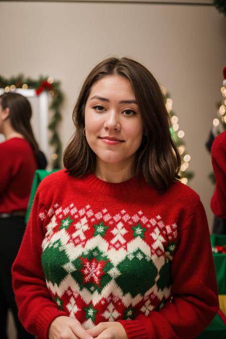 RAW photo of megboone,Ugly Christmas Sweater at Company Christmas Party, (high detailed skin:1.2), 8k uhd, dslr, soft lighting, high quality, film grain, Fujifilm XT3,  <lora:megboone:1>