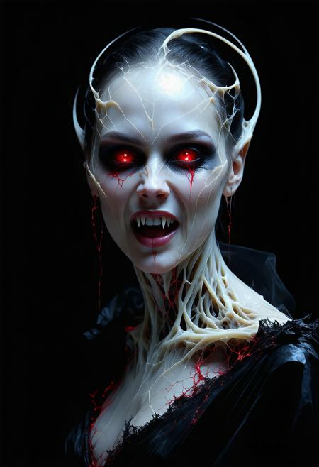 Vampire Queen, Hyper-detailed: open mouth, sharp vampiric fangs,
low-angle, pale face glowing, fangs iridescent. Materializing from fractured glass, blood-crimson void. glyphs pulse on her collarbone.
Beksiński's decay, Klimt's gilded chaos; dramatic chiaroscuro. inky gown threads fused with swirling steel. Eerie elegance