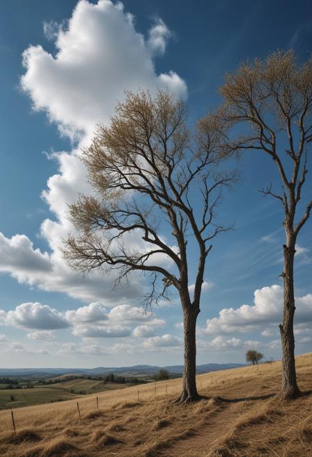 masterpiece, photorealistic, italian countryside, sparse trees, wispy clouds, uninhabited,