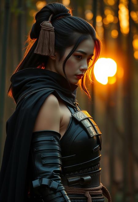 Close Up shot of a beautiful japanese samurai girl, geisha hairstyle, samurai armour, black cape, perfect body, oiled skin, sensual, erotic, bamboo forest background, sunset, National Geographic photography style, low saturation