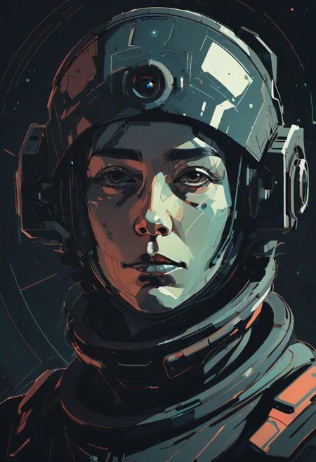 portrait, character,  sci fi gear, abstract, graphic style of drawing comics, dark space colour palette, vector illustration, muted colors, delicate details, high detailed, moody, Vrubel::1, Kuindzhi style::0.5