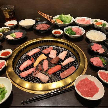 masterpiece, best quality, ultra-detailed, illustration,
smokeless_roaster, grill, japan, tongs, rice, food, bowl, food focus, still life, fish, plate, vegetable, indoors, realistic, cutting board, chopsticks, meat, table, yakiniku, realistic, photo background, photo (medium)
 <lora:smokeless_roaster_SDXL_V2:1>