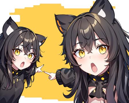 (best quality, masterpiece),  soyjaks, (2girl, duo,open mouth, :o, pointing,  cat ear black hood, yellow eyes, black hair), (white background, ) <lora:meme-10:1>