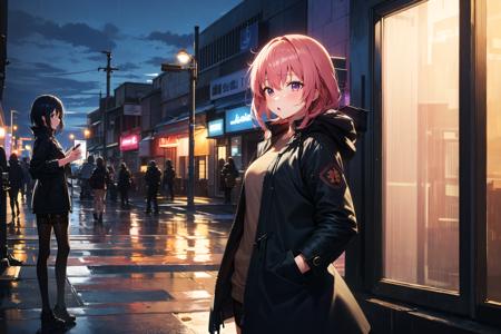 <lora:apstyle:0.9> apstylemasterpiece best quality 1girl
1girl,night city,rain,coat,hands in pockets