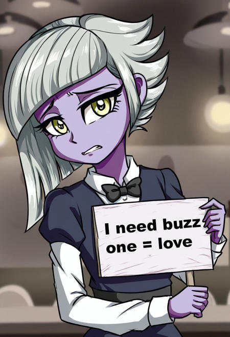 limestone pie, human, equestria girls, looking at viewer, ((holding a blank sign between her hands)),
sad, teeth, white waiter suit, white collared shirt, black bowtie