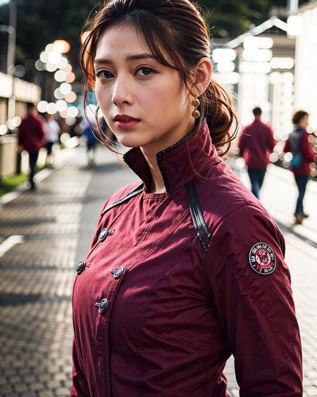 a woman posing on the street corner with red jacket on, best quality, 1girl, large breast, day, bright, blur background, bokeh, outdoor, (street:0.8), (people, crowds:0.8), (red jacket, red high-neck clothes:1.2, red long sleeves dress: 1.5), gorgeous, (forehead, ponytail:1.2), beautiful detailed sky, (dynamic pose:1), (upper body:0.8), soft lighting, wind, shiny skin, coat, <lora:TokuGirl_Reika_Mei_v1.0:0.65>