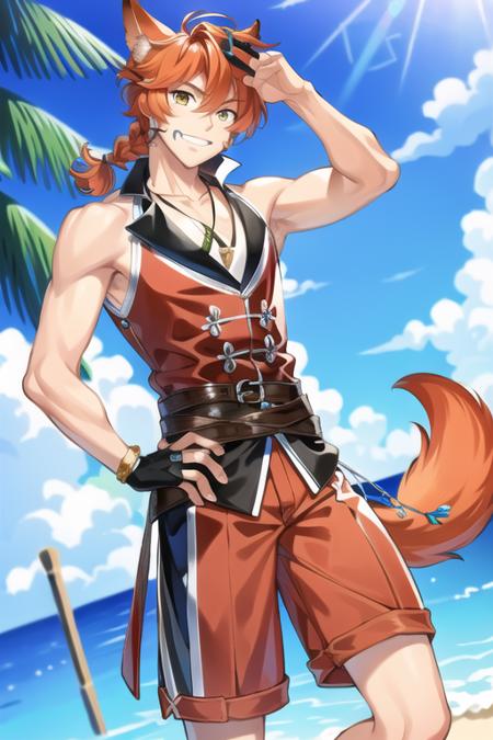 masterpiece, best quality, 1boy,(solo:1.3),standing
Ein,1boy,fox ears,fox tail,orange hair,short hair,braid,yellow eyes,black hair band,