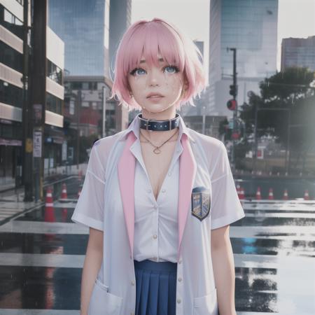 masterpiece, best quality, highly detailed,{{1girl}}, outdoors, short hair,  pink_hair, parted lips, looking at viewer, realistic, real world location, ,looking at viewer, hand in own hair, close to viewer,  {{upper body}}, rain, wet clothes, see-through, city, cityscape, building,   metal collar, tears, school uniform, plunging neckline, shop, fore store,