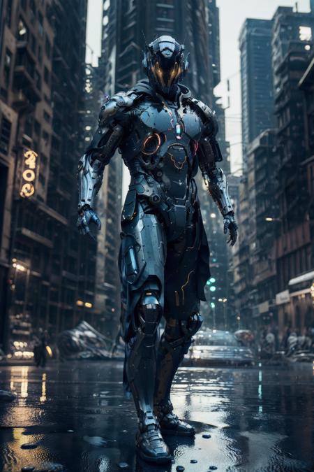 (full body, (dynamic pose)), muscular male android humanoid, flowing dark thick cloth cloak, dark metallic armour, neon parts, advanced civilization, towering structures, skyscrapers, immersed beautiful lights, fully detailed environment, (rim lighting, studio lighting, rain, distant moonlight, night, bloom), (cinematic, best quality, masterpiece, ultra HD textures, highly detailed, hyper-realistic, intricate detail, 8k, photorealistic, concept art, matte painting, autodesk maya, vray render, ray tracing, hdr), (dslr, full frame, 16mm focal length, f/8 aperture, dynamic perspective, dynamic angle, wide field of view, deep depth of field, (zoom out:1.2)) <lora:MISC-epi_noiseoffset2:0.3>  <lora:urbansamuraiv0.14:0.4>techwear,urbansamurai <lora:3dCGStyleRealistic:0.2> <lora:lou:0.2>3d, realistic <lora:cyberhelmetv0.7:0.7> cyborg in a cyberhelmet head <hypernet:dr0ne_1:0.15> <hypernet:sxzBloom_sxzBloom:0.3><hypernet:LuisapSciFiHard_v1:0.1>