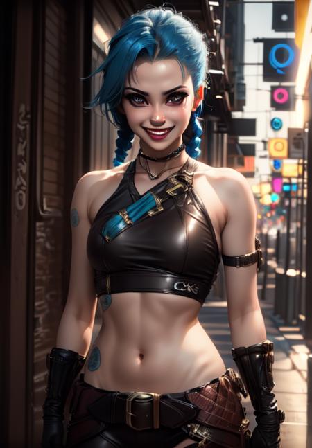 <lora:jinx:0.8>, jinx, grin, upper body, (acclaimed, alluring, captivating, exciting, gorgeous, striking:1.3), charming, (trending on CGSociety, trending on pixiv, contest winner:1.3)