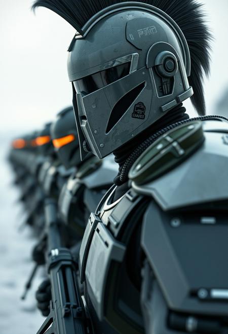distant future, Spartan commander, close-up in front of a line of Spartan soldiers in high-tech uniforms and weapons