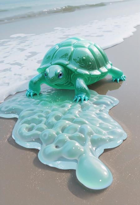 (digital art by Roger Deakins:1.1) and (Hiroshi Teshigahara:1.0) , candid Pastels artwork, epic Concept art, best quality, landscape of a (slime-morph, turtle made of slime, semi transparent slime, transparent slime, jelly like slime, jelly slime, liquid slime, crystal clear, sparkling, crawling on the beach, details, surrealism, no simple background, low saturation:1.3) and Horrid Golden Age Potion bottle, desolate jungle and reeds, Winter, Visual novel, Confused, Anime, glowy Luminescence, Low shutter, Electic Colors, surreal design, overly complex style, in the style of the birth of venus, pixiv, ultra high res, glittering
