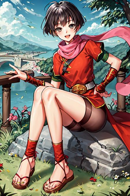 <lora:kasumis_suikoden:0.88>, kasumi suikoden, 1girl, solo, short hair, brown hair, ((masterpiece)), (best quality), 1girl, alone, bridge, grass, focused, close angle, grabbing, smile, detailed, anime, brown eyes, hand on hip, open mouth, shoes, short,short sleeve, black hair, flats, holding, :d, ribbon, green socks, chinese clothes, bangs, footwear, colorful,  from behind, full body, sitting, cliff, mountain, ocean,  looking at viewer, stone castle middle ocean, red clothes, green, long pink scarf, platinum belt head, sandal