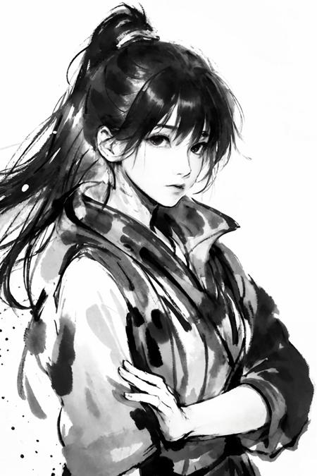 masterpiece, best quality,1girl,standing, black hair bun,cold face, upper body, (front),ink splash