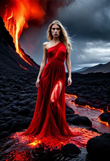Amidst a dramatic volcanic landscape, a strikingly beautiful, woman stands confidently, enveloped in a dress that appears to flow like both blood into molten lava. The gown seamlessly blends blac anf flowing red blood, mimicking the fierce, evil glowing fissures  and spouting blood red gysers of the volcanic terrain surrounding her. With long, flowing blonde hair cascading over one shoulder, her expression is both alluring and mysterious, exuding a sense of excitement n this chaotic scene. The background is filled with vibrant bursts of orange and red, contrasting against the dark, rugged rocks, while the soft lighting enhances the otherworldly atmosphere, creating a surreal, almost mythical narrative of beauty and danger intertwined.