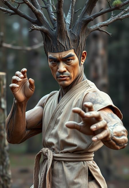 "Bark-skinned spruce tree with a humanoid Bruce Lee physique, wooden skin textured with knots and grooves, wearing a traditional martial arts gi, its branches morphed into muscular arms in a powerful stance, its face a stern, focused expression with piercing eyes, conveying intensity and mastery of the ancient arts, with a hint of wooden grain in its facial features."