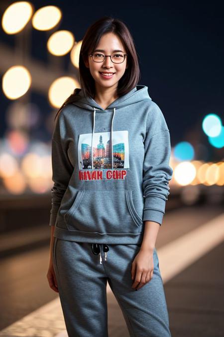 (8k, RAW photo, best quality, masterpiece:1.2), (realistic, photo-realistic:1.37), best quality, ultra high res, photon mapping, radiosity, physically-based rendering, 1girl, ((glasses)), ((hoodie)), ((sweatpants)), naughty face, cute, (laughing), (happy), (Kpop idol), (aegyo sal:1), ((puffy eyes)), looking at viewer, posing, (full body), large breasts, busty, large butt, cityscape, night, (bokeh:1.4), <lora:koreanDollLikeness_v10:0.5>, ((wink)), ((hair blown by air)),