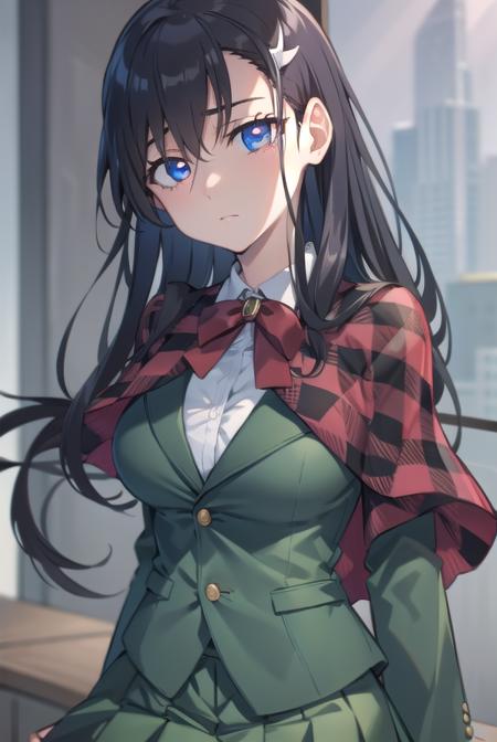 noelniihashi, <lora:noelniihashi:1>, noel niihashi, long hair, blue eyes, black hair, hair ornament, hairclip, mature female, slanted eyes, narrow eyes,
BREAK skirt, school uniform, jacket, pleated skirt, thigh strap, capelet, green jacket,
BREAK looking at viewer,
BREAK indoors, classroom,
BREAK <lora:GoodHands-vanilla:1>, (masterpiece:1.2), best quality, high resolution, unity 8k wallpaper, (illustration:0.8), (beautiful detailed eyes:1.6), extremely detailed face, perfect lighting, extremely detailed CG, (perfect hands, perfect anatomy),