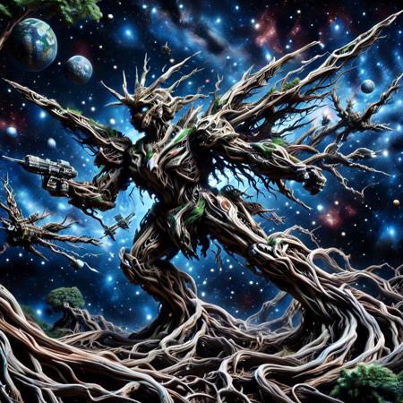 lazympos, character focus, depth of field, hyperrealistic, masterpiece, intrincate details, morph-treeroots,
a giant gundam flying in outer space made out of tree roots, ebony roots, black theme