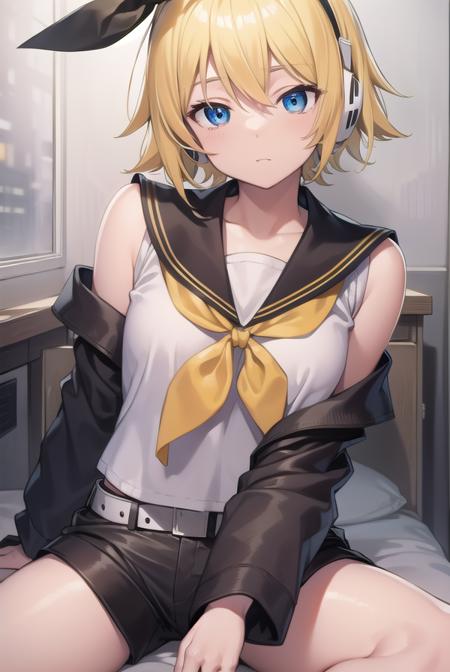 kagaminerin, <lora:rinkagaminetest:1>,
rin kagamine, blonde hair, blue eyes, hair bow, headset, short hair, headphones, (flat chest:1.2),
BREAK bare shoulders, belt, black sailor collar, black shorts, bow, crop top, detached sleeves, grey legwear, grey shorts, grey sleeves, hair bow, leg warmers, neckerchief, sailor collar, school uniform, shirt, short shorts, short sleeves, shorts, white bow, white footwear, white shirt, yellow neckerchief,
BREAK looking at viewer,
BREAK indoors, classroom,
BREAK <lora:GoodHands-vanilla:1>, (masterpiece:1.2), best quality, high resolution, unity 8k wallpaper, (illustration:0.8), (beautiful detailed eyes:1.6), extremely detailed face, perfect lighting, extremely detailed CG, (perfect hands, perfect anatomy),