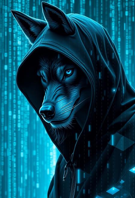 hooded anthropomorphic man-wolf, in a Matrix-style digital world, surrounded by flowing binary code. Add blue glitch effects for a striking, surreal look. Blend in geometric patterns for complexity, Matrix digital rain