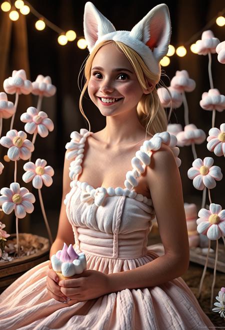 lazypos, , A sweet Fennec woman in a marshmallow creme sundress, wearing a soft marshmallow top over her shoulders and chest with a clasp made out of a marshmallow flower. Her smile lights up the frame, as the viewer catches her eyes