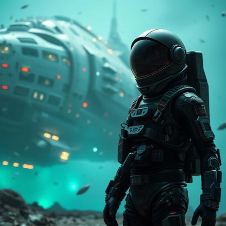 A cinematic shot of an alien astronaut in a vibrant metallic black spacesuit standing in the foreground, with a massive, spacecraft as the backdrop. The spacecraft is adorned with numerous lights, windows, and technical details. The astronaut's suit is equipped with various gadgets and patches. The atmosphere is filled with floating debris and a hazy teal glow