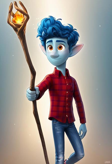 Red Plaid Shirt, Jeans, sneakers Grey Hoodie, Jeans, Sneakers Shirt Open, White T-Shirt Magic Staff, Holding Staff Ian Lightfoot, Blue Skin, Blue Hair, Amber Eyes, Pointy Ears