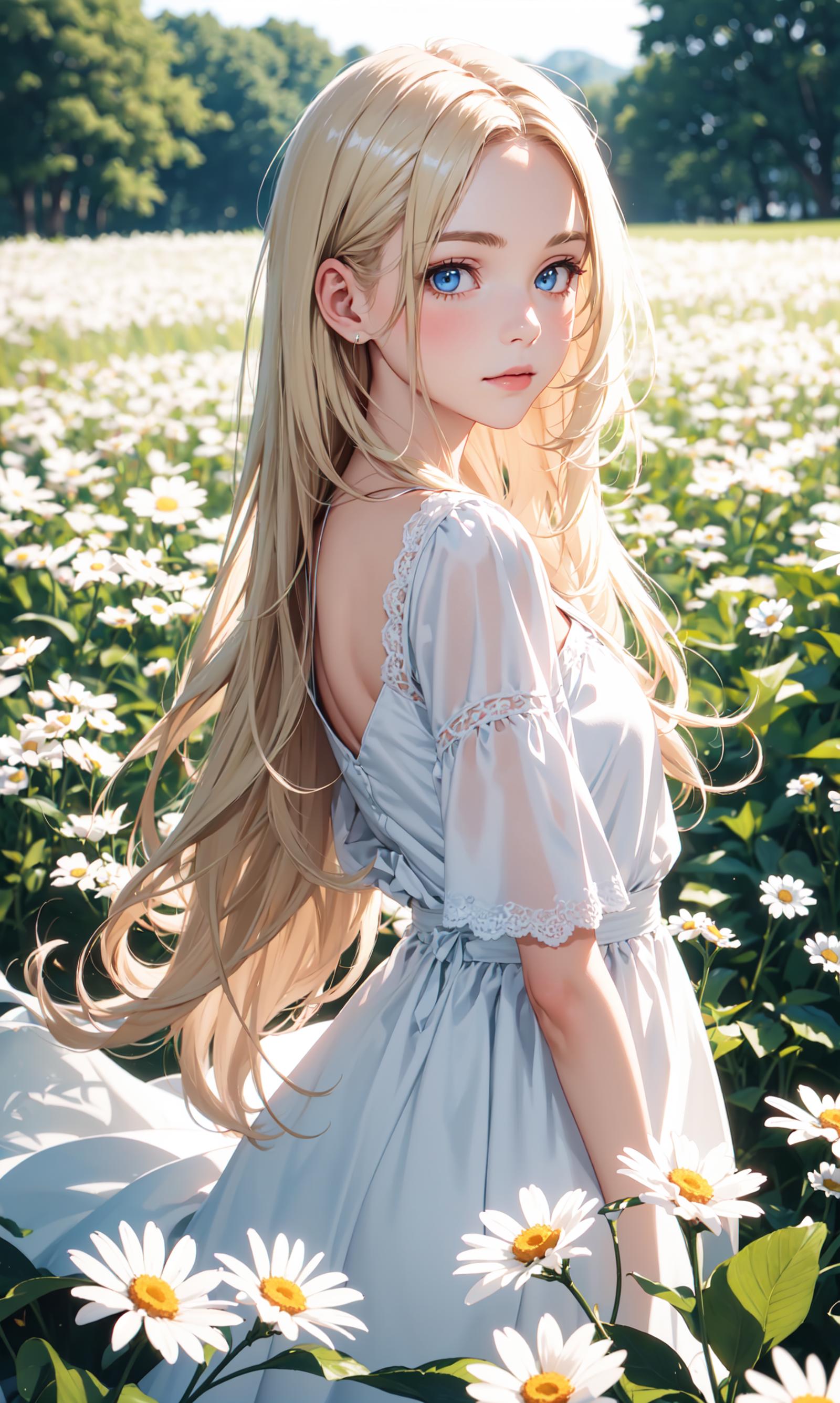 A beautiful woman with blue eyes and blonde hair wearing a white dress.