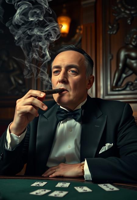 tight close-up portrait of a millionaire in 1927, smoking a cigar in a dimly lit gentleman club. The air is heavy with smoke that forms a cloud under the ceiling. The man is wearing a black tie tuxedo, sitting at a table, poker cards laid on the table. Walls are tiled with carved hard wood bas-relief sculptures. The portrait is soft and gentle with an intimate lighting.