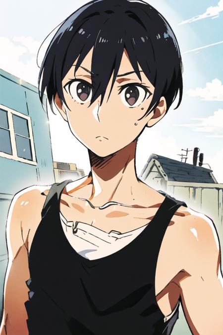 masterpiece, best quality, high quality, 1boy, solo, male focus, looking at viewer, upper body, <lora:hiroshi_yuuki:0.68>, hiroshi_yuuki, black hair, hair between eyes, black eyes, , tank top