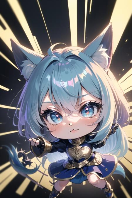 ((((chibi, qute, cute:1.5)))):2,(((Fantasy style))),masterpiece, best quality, ultra-detailed, glistening shiny, glowing light, ray tracing, HDR, deph of field, (perfect face, detailed face, detailed eyes),8k,HD,ultra realistic face,ray tracing,perfect lighting,best quality, ultra-detailed, shiny eyes,  (looking at viewer,:3_smile:1.1), ((1girl)), (gyaru, mature female:1.4),hourglass_body shape,

((sky_blue gradient hair)), (multicolored hair),(sky_blue hair tips), (sky_blue hair) ,((blue_eyes)),multicolored eyes, gradient eyes, (glowing eyes:1.1), mascara, (fashion make up), parted lips,((fox ears,tail,fox tail)),((monster_slayer armor)), ((dragon scale armor)):1.8, dragon claw gloves, spear,holding spear, enchanted metal spear,
(dragon island,dragons in the air,huge dragon up close),complex background, dynamic pose, ((8k wall paper)), ((8k wallpaper)),complex background, dynamic pose, ((8k wall paper)), ((8k wallpaper))<lora:beautifulDetailedEyes_v10:0.85>