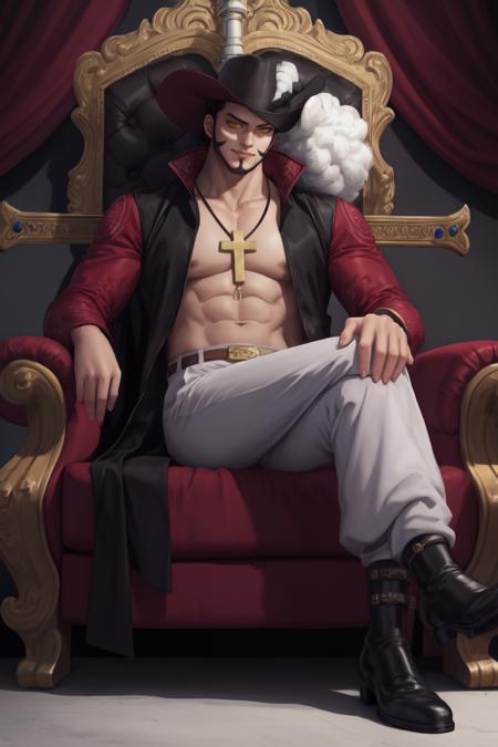 ANIME_OP_dracule_mihawk_ownwaifu,www.ownwaifu.com,  facial hair,beard,abs,black hair,yellow eyes,mustache,muscular,pectorals,goatee,long sideburns,sideburns,short hair,spiked hair,manly,toned,stubble,thick_eyebrows,  hat,jewelry,necklace,belt,coat,pants,open clothes,cross,pirate hat,cross necklace,cape,open coat,bare pectorals,black headwear,fur trim,latin cross,long coat,navel,jacket,open_jacket,topless male,hat_feather,white_pants,   yoru_(sword), sword_on_back,