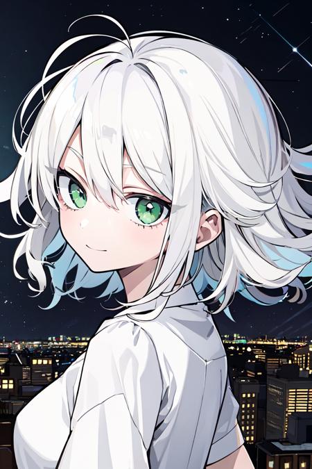 (masterpiece, best quality:1.3), finely detailed eyes and face, 1girl, solo, white hair, messy hair, green eyes, white shirts, (half closed eyes), upper body, looking back, light smile, (rooftop, cityscape, city lights, starry sky, night)