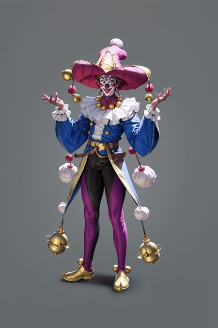 game character, original design, european style, clown hat, hat, solo, full body, face painting, weapon, tights, clown, standing, bell, gray background, pants, tassel, sheath, sheath, open mouth, long sleeves, simple background, smile, pompom (clothes), belt, looking at the audience, sphere<lora:CG Game xieshi:1>