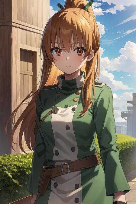 seryuuubiquitous, <lora:seryuu ubiquitous s1-lora-nochekaiser:1>,
seryuu ubiquitous, long hair, brown hair, (brown eyes:1.3), ponytail, uniform, dog, gauntlets, green uniform, military uniform, long sleeves, medium hair, smile,
BREAK ,
BREAK outdoors, nature, forest, trees, grass, sky, clouds,
BREAK looking at viewer, (cowboy shot:1.5),
BREAK <lyco:GoodHands-beta2:1>, (masterpiece:1.2), best quality, high resolution, unity 8k wallpaper, (illustration:0.8), (beautiful detailed eyes:1.6), extremely detailed face, perfect lighting, extremely detailed CG, (perfect hands, perfect anatomy),