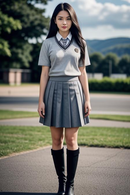 1 woman, 22yo, realistic, masterpiece, high detailed skin, looking at viewer, full body shot, scenic view, long hair, black hair
 <lora:Grey_School_Dress_By_Stable_Yogi:1> school uniform, grey skirt, grey sweater, shirt, tie, short sleeves, socks, boots