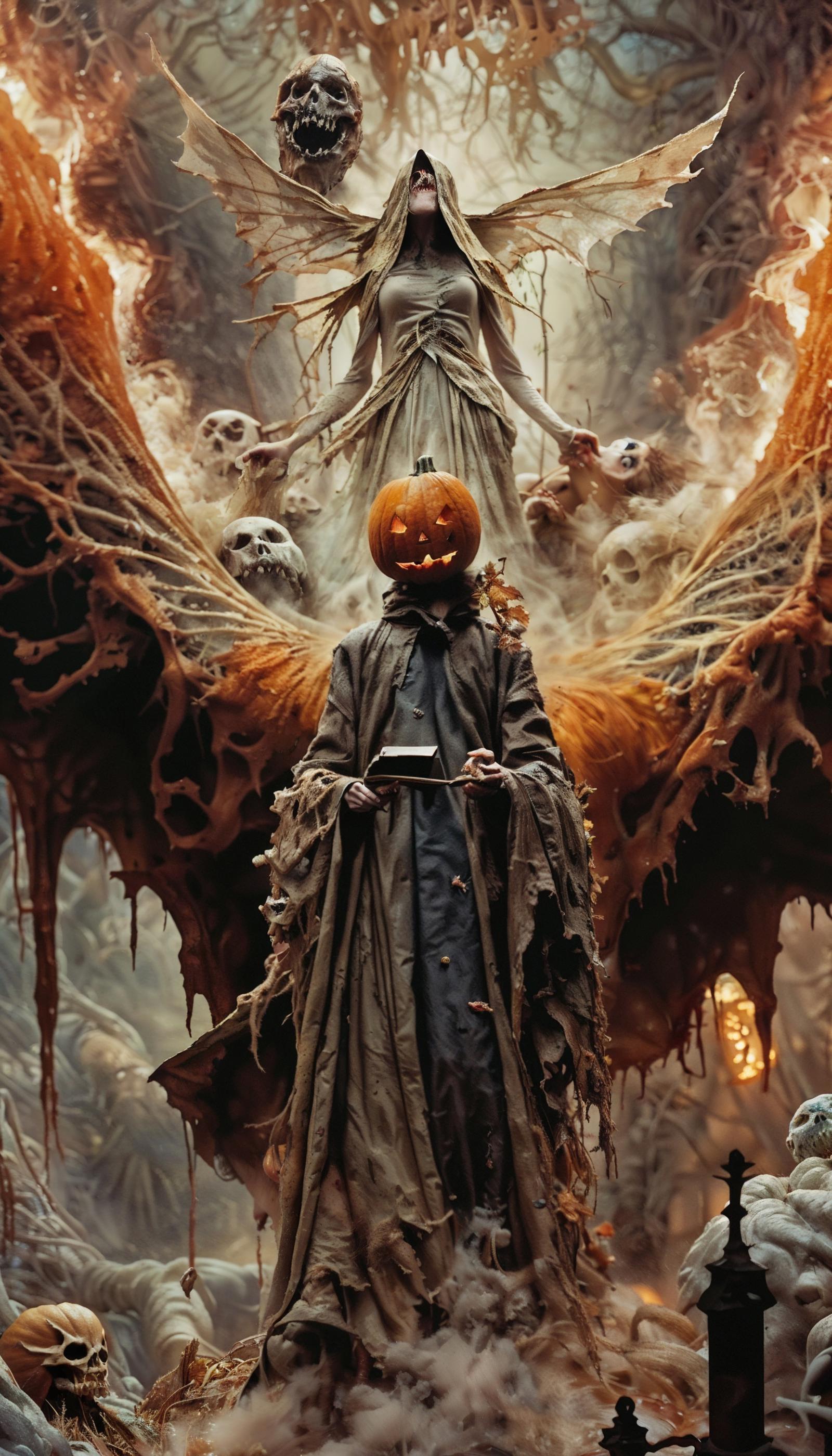 A man in a witch's costume holding a book with a pumpkin on his head and other skeleton figures in the background.