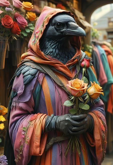 corvidfolk, holding a rose, colorful robes and hood, realistic, flower shop background